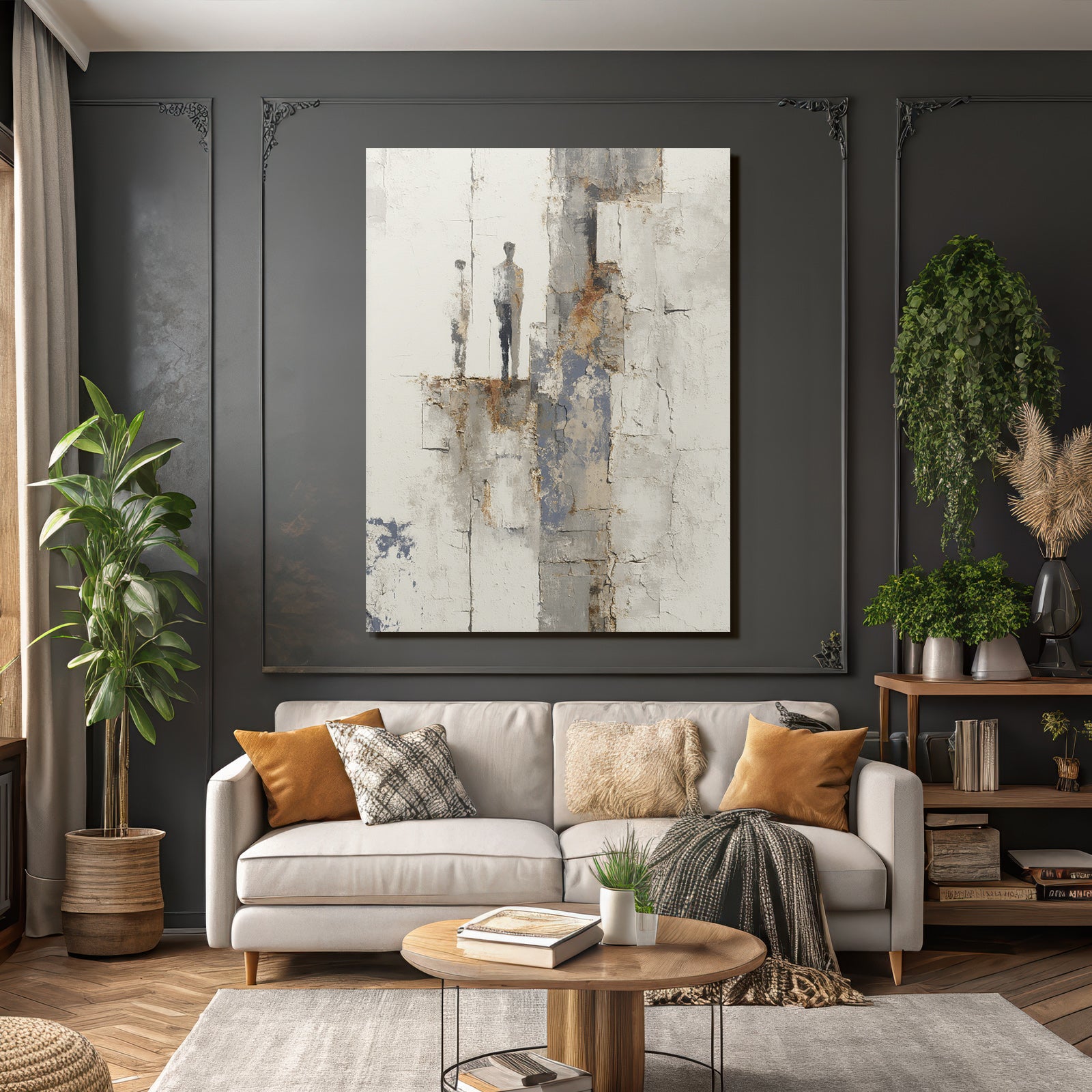 Abstraktes Minimalismus Gemaelde Zwei Figuren Texture Hintergrund Muted Farben