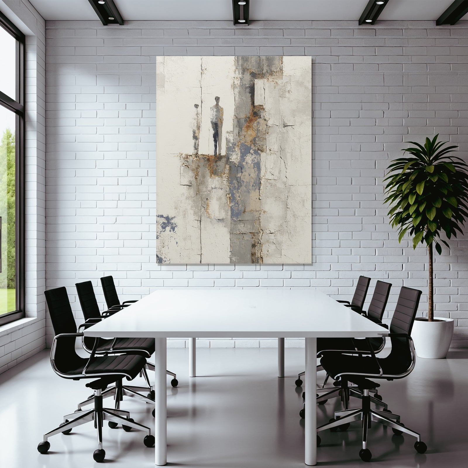 Abstraktes Minimalismus Gemaelde Zwei Figuren Texture Hintergrund Muted Farben