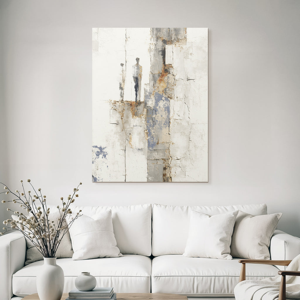 Abstraktes Minimalismus Gemaelde Zwei Figuren Texture Hintergrund Muted Farben