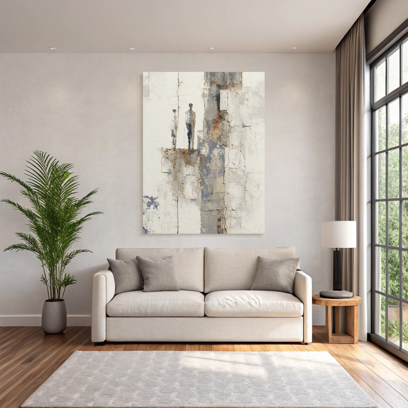 Abstraktes Minimalismus Gemaelde Zwei Figuren Texture Hintergrund Muted Farben