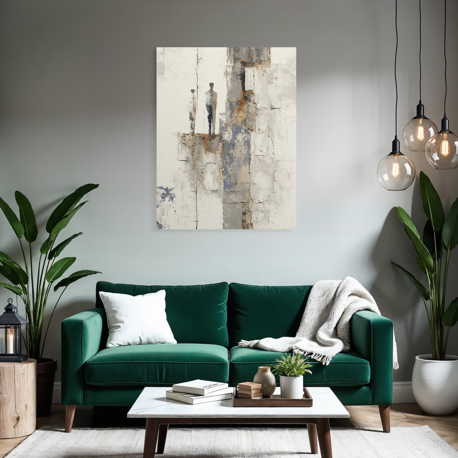 Abstraktes Minimalismus Gemaelde Zwei Figuren Texture Hintergrund Muted Farben