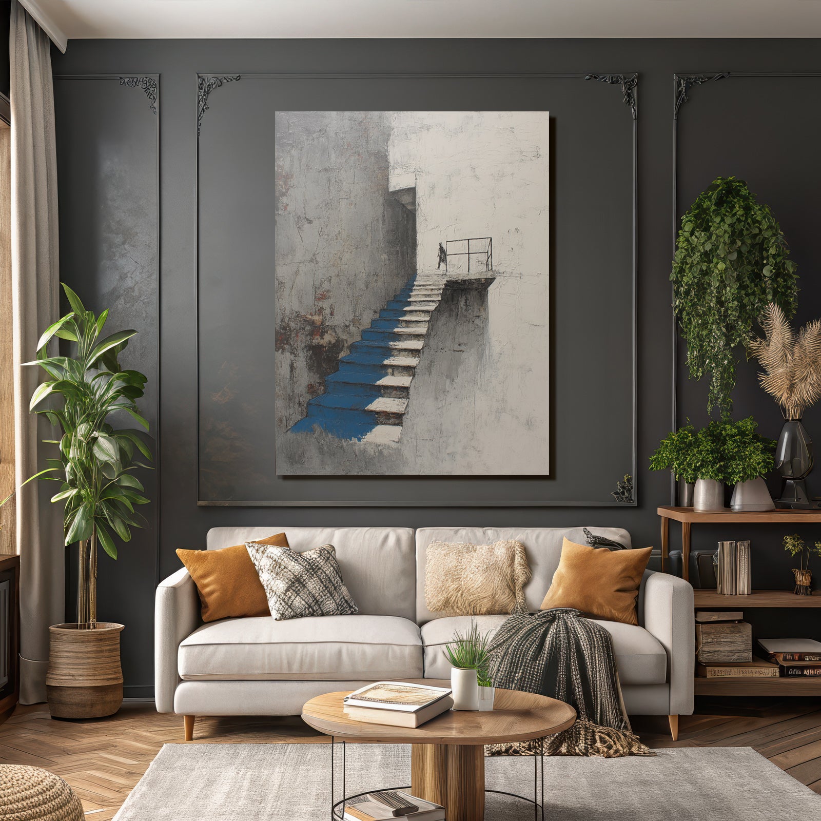 Minimalistische Architektur Treppe Figur Blau Weiss Grau