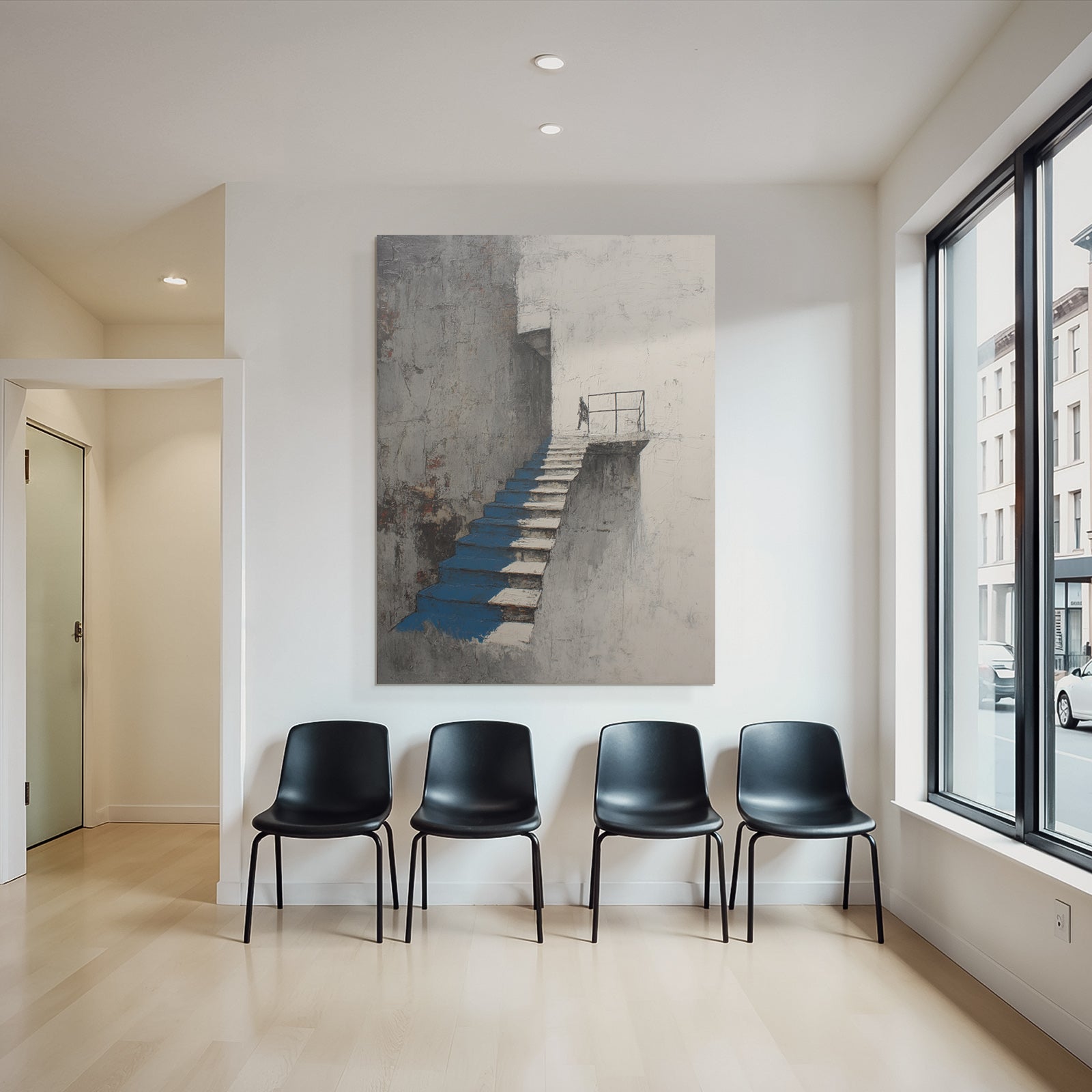 Minimalistische Architektur Treppe Figur Blau Weiss Grau
