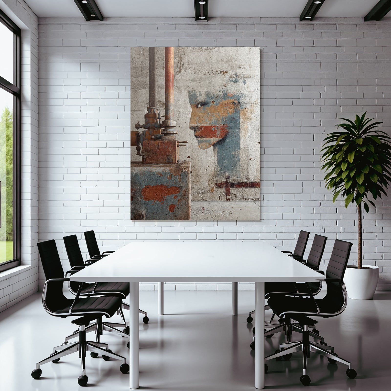 Texturierte Wand Mit Mural Menschliches Profil Und Industrie Installation