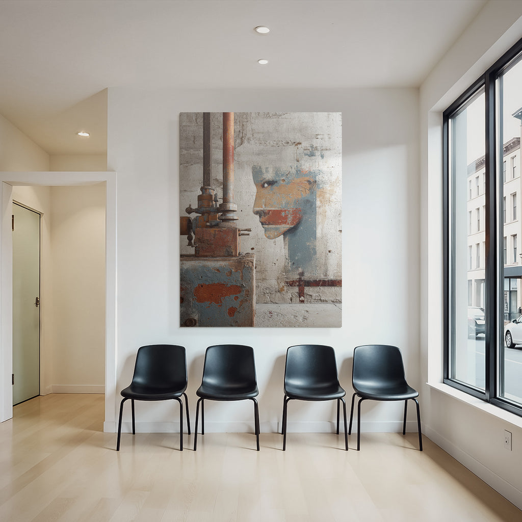 Texturierte Wand Mit Mural Menschliches Profil Und Industrie Installation