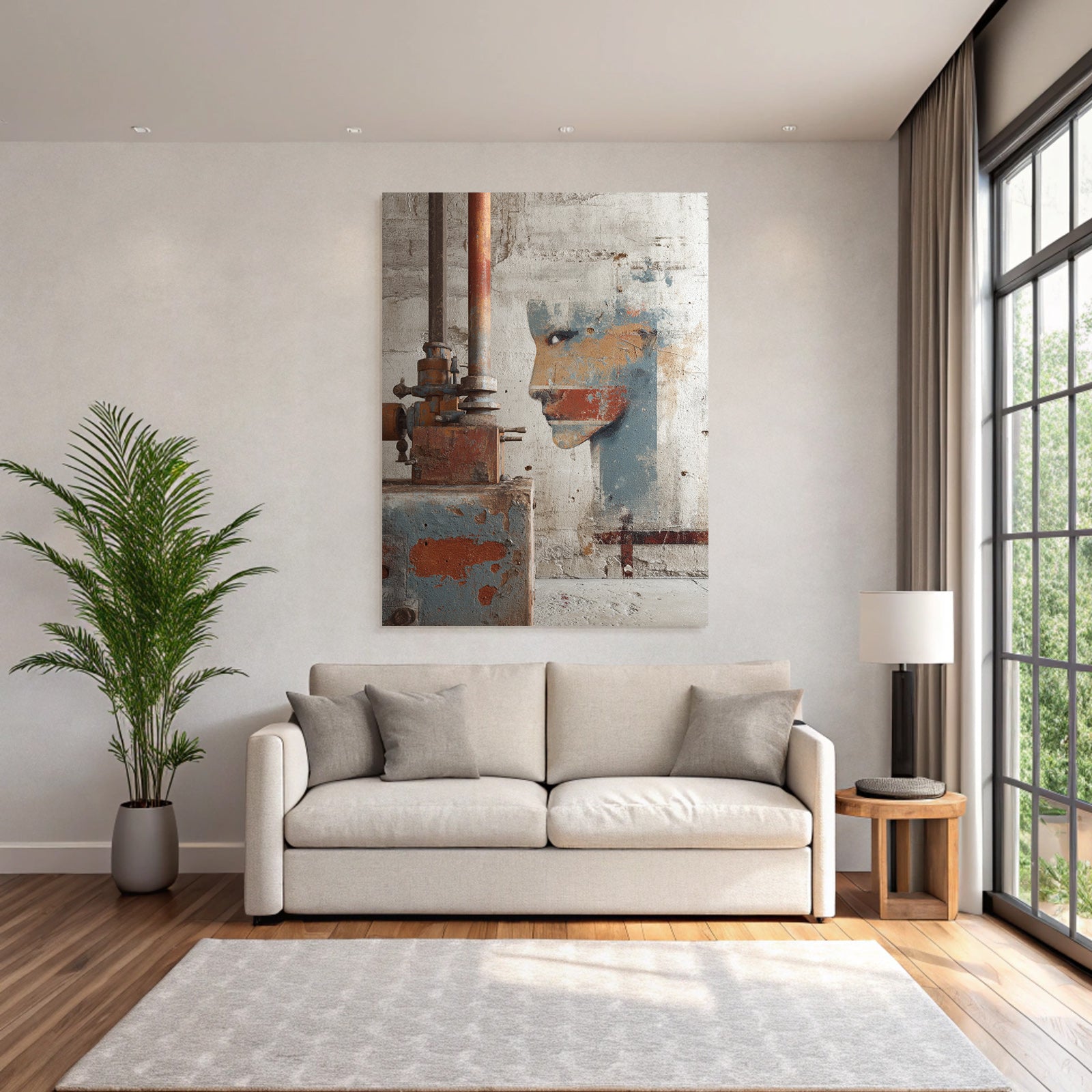 Texturierte Wand Mit Mural Menschliches Profil Und Industrie Installation