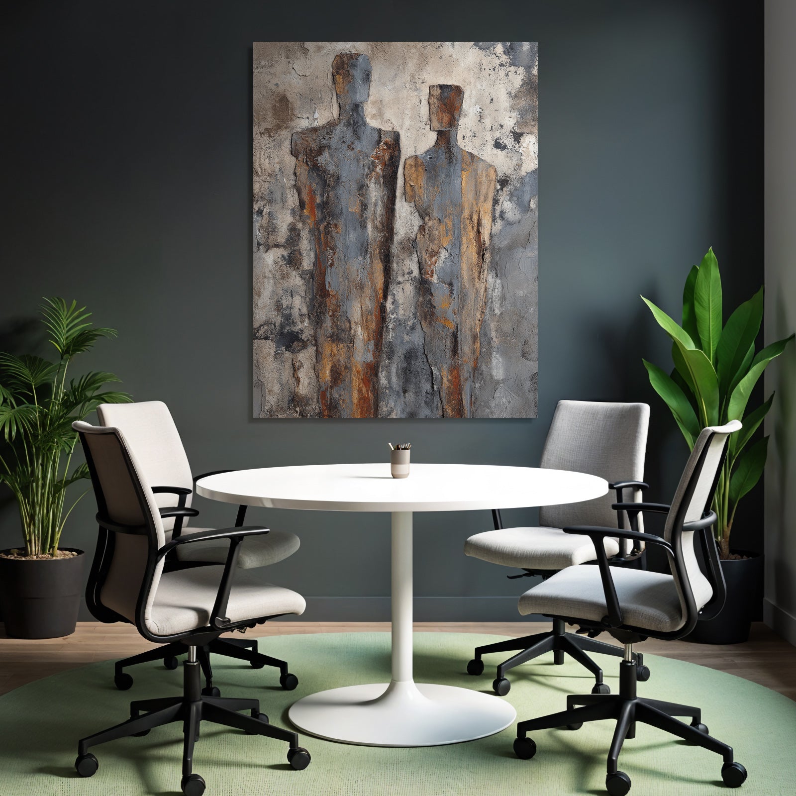 Zwei Abstrakte Figuren Texturierte Materialien Grau Orange Braun Hintergrund