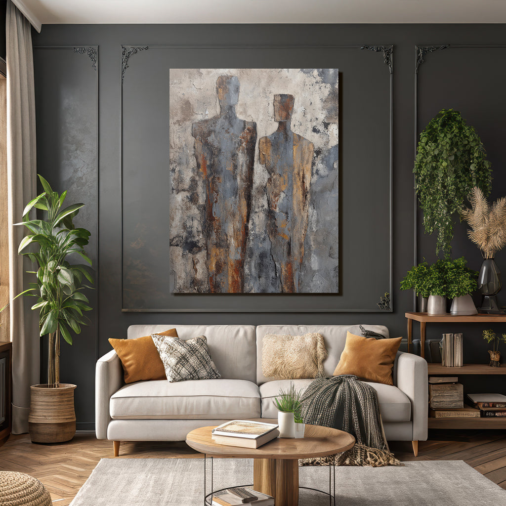 Zwei Abstrakte Figuren Texturierte Materialien Grau Orange Braun Hintergrund