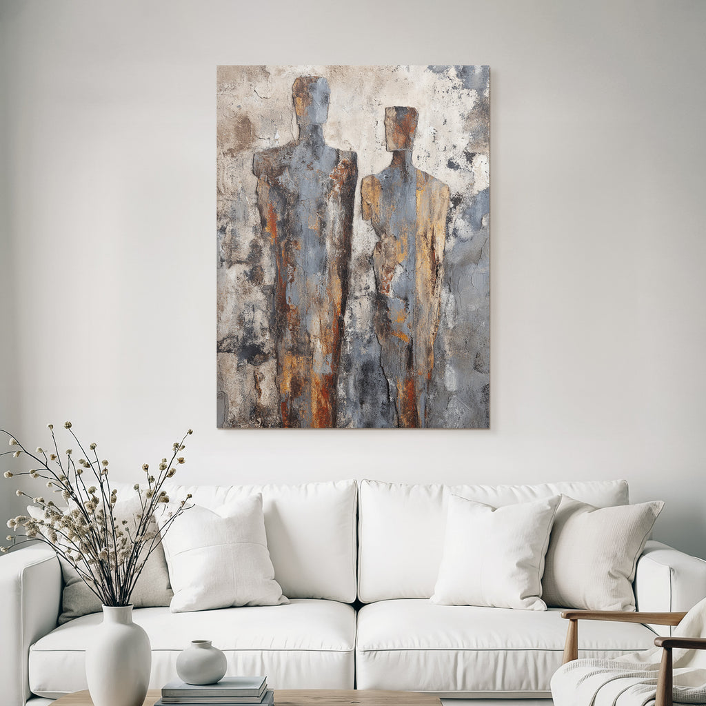 Zwei Abstrakte Figuren Texturierte Materialien Grau Orange Braun Hintergrund