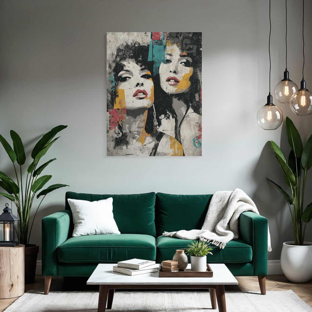 Zwei Frauen Gesichter Grunge Stil Abstrakt Kunstwerk