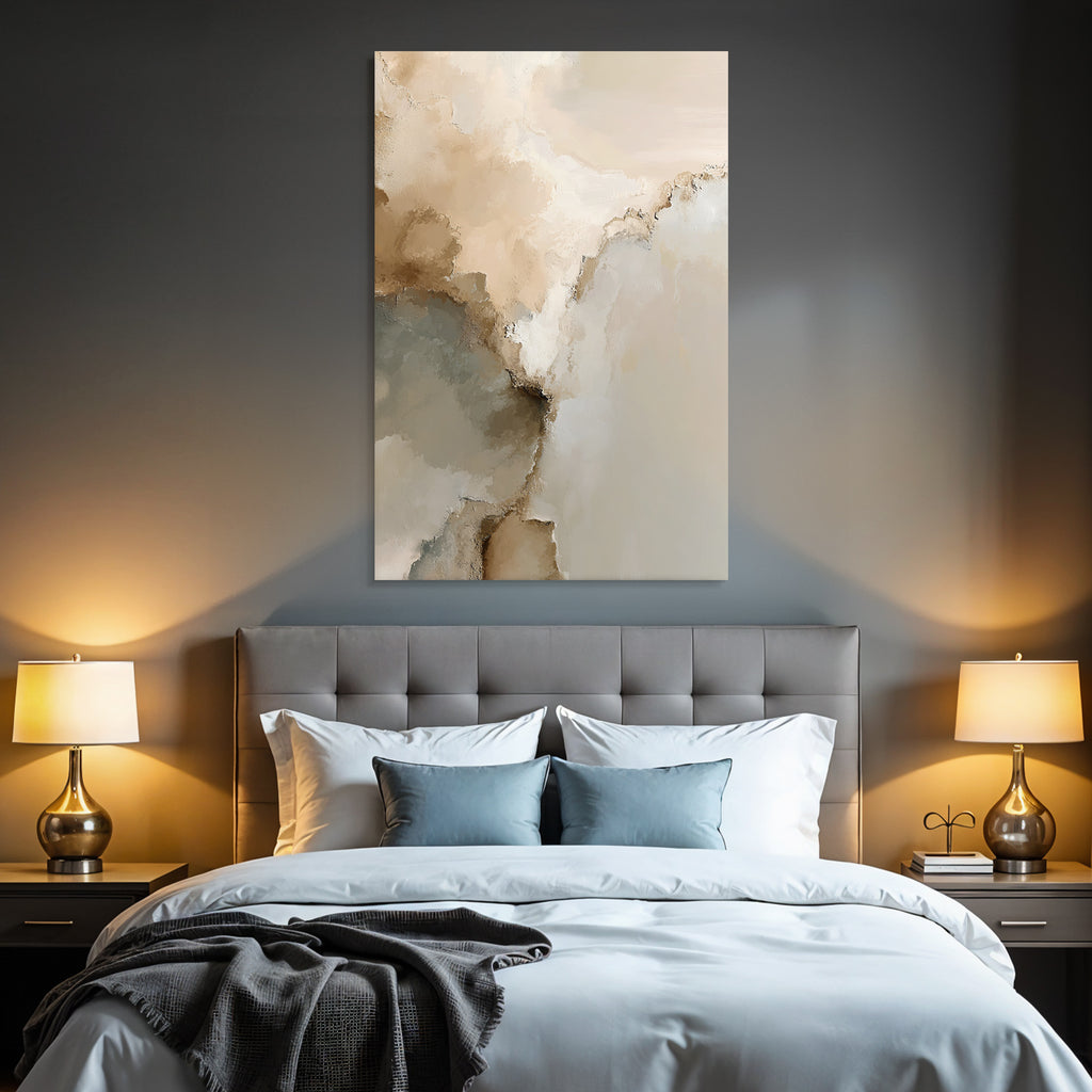 Abstract Artwork Soft Blended Colors Beige Cream Gray Organic Shapes Textured Brush Strokes