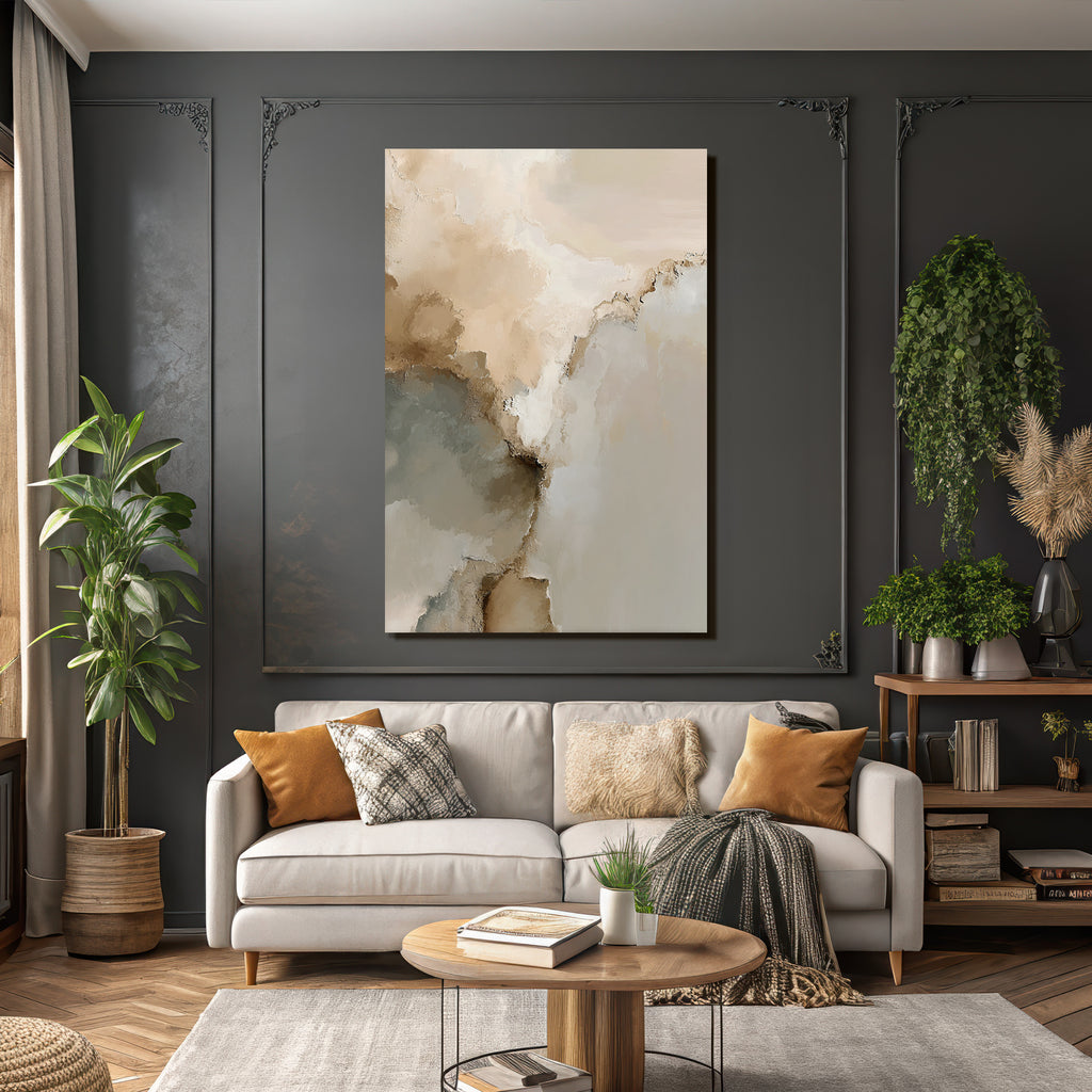 Abstract Artwork Soft Blended Colors Beige Cream Gray Organic Shapes Textured Brush Strokes