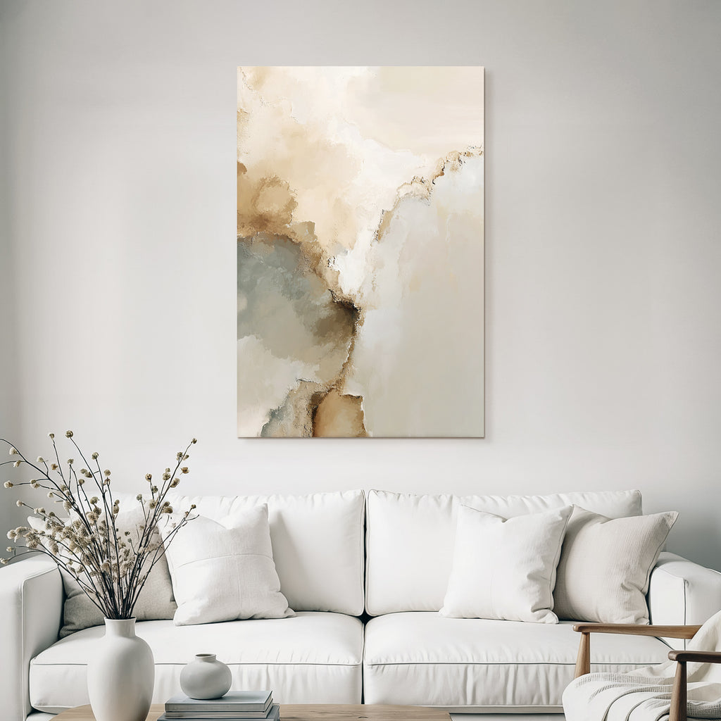 Abstract Artwork Soft Blended Colors Beige Cream Gray Organic Shapes Textured Brush Strokes