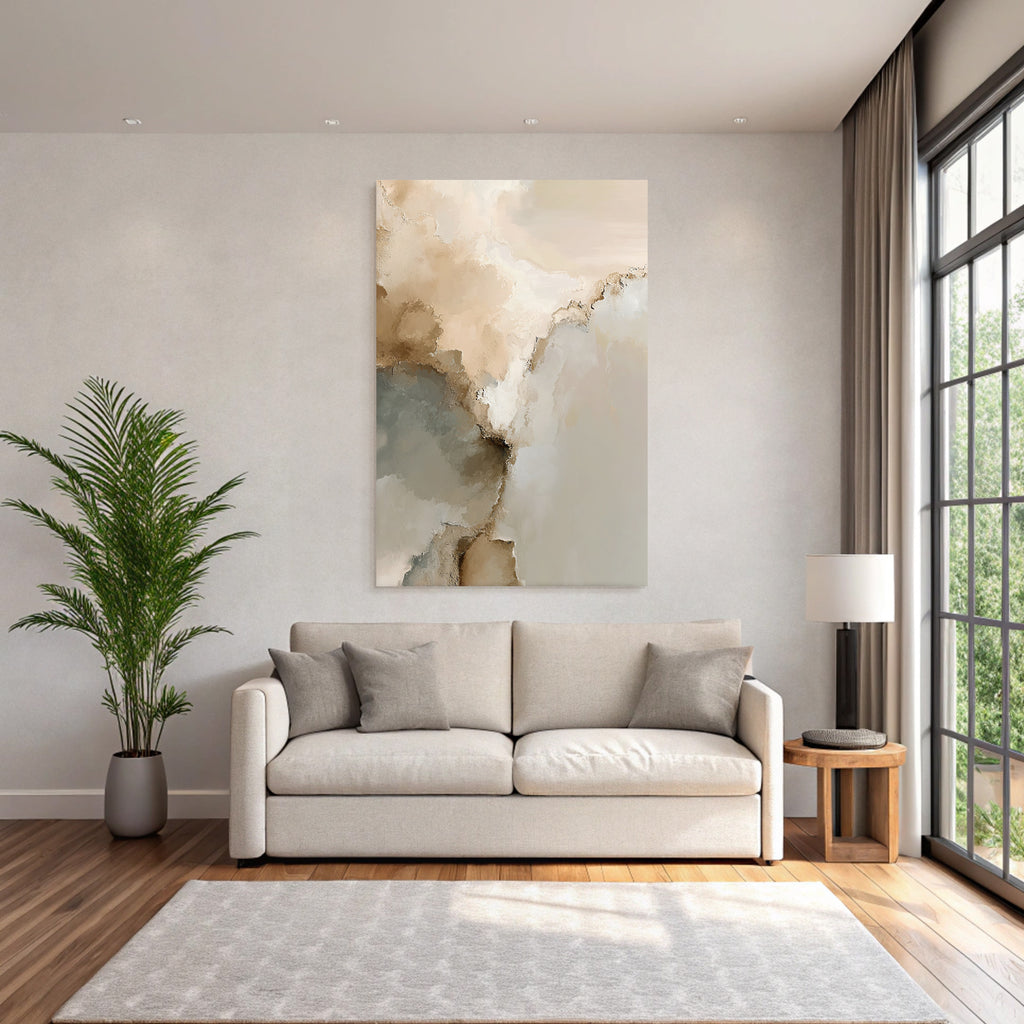Abstract Artwork Soft Blended Colors Beige Cream Gray Organic Shapes Textured Brush Strokes