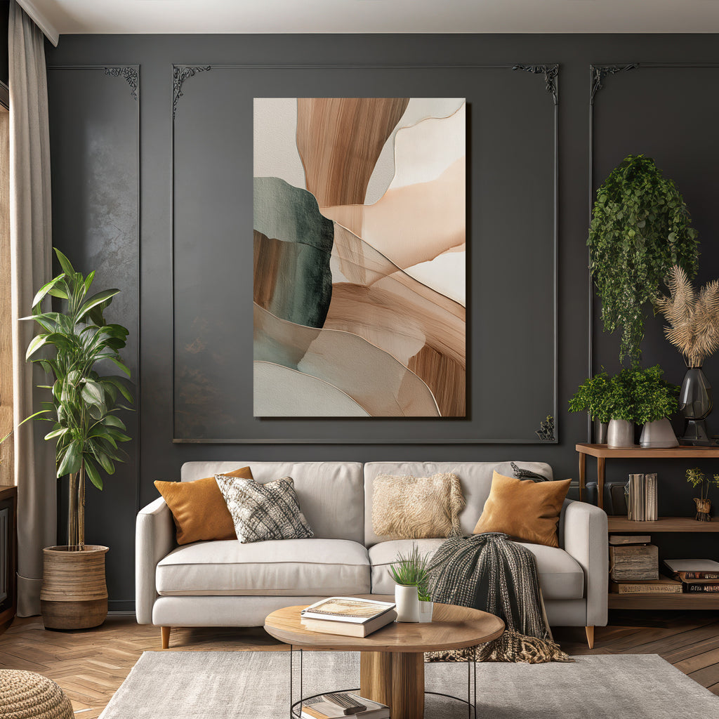 Abstract Artwork Soft Fluid Shapes Earthy Tones Beige Muted Greens