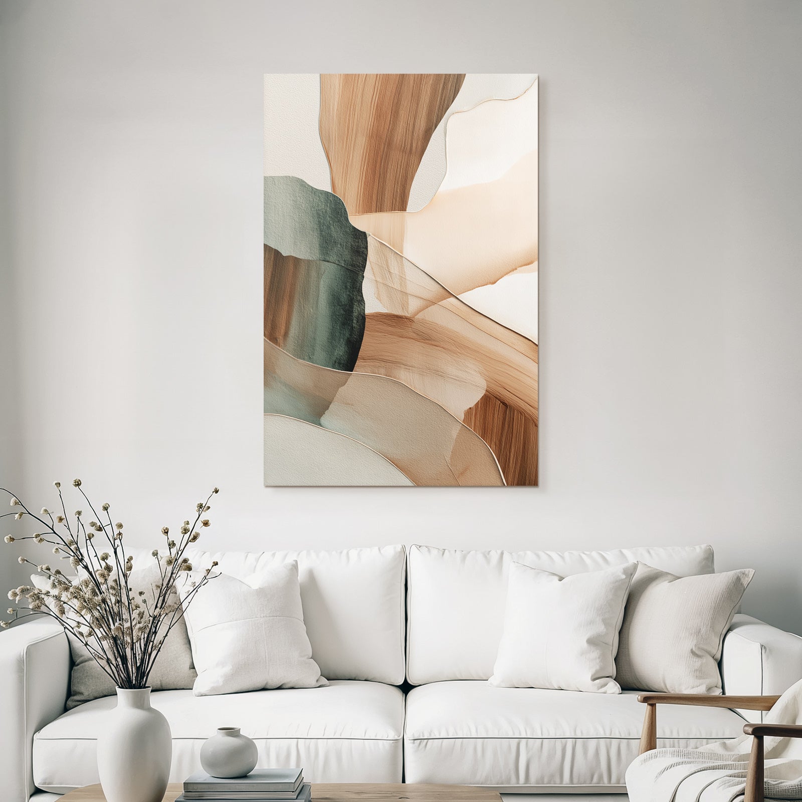 Abstract Artwork Soft Fluid Shapes Earthy Tones Beige Muted Greens