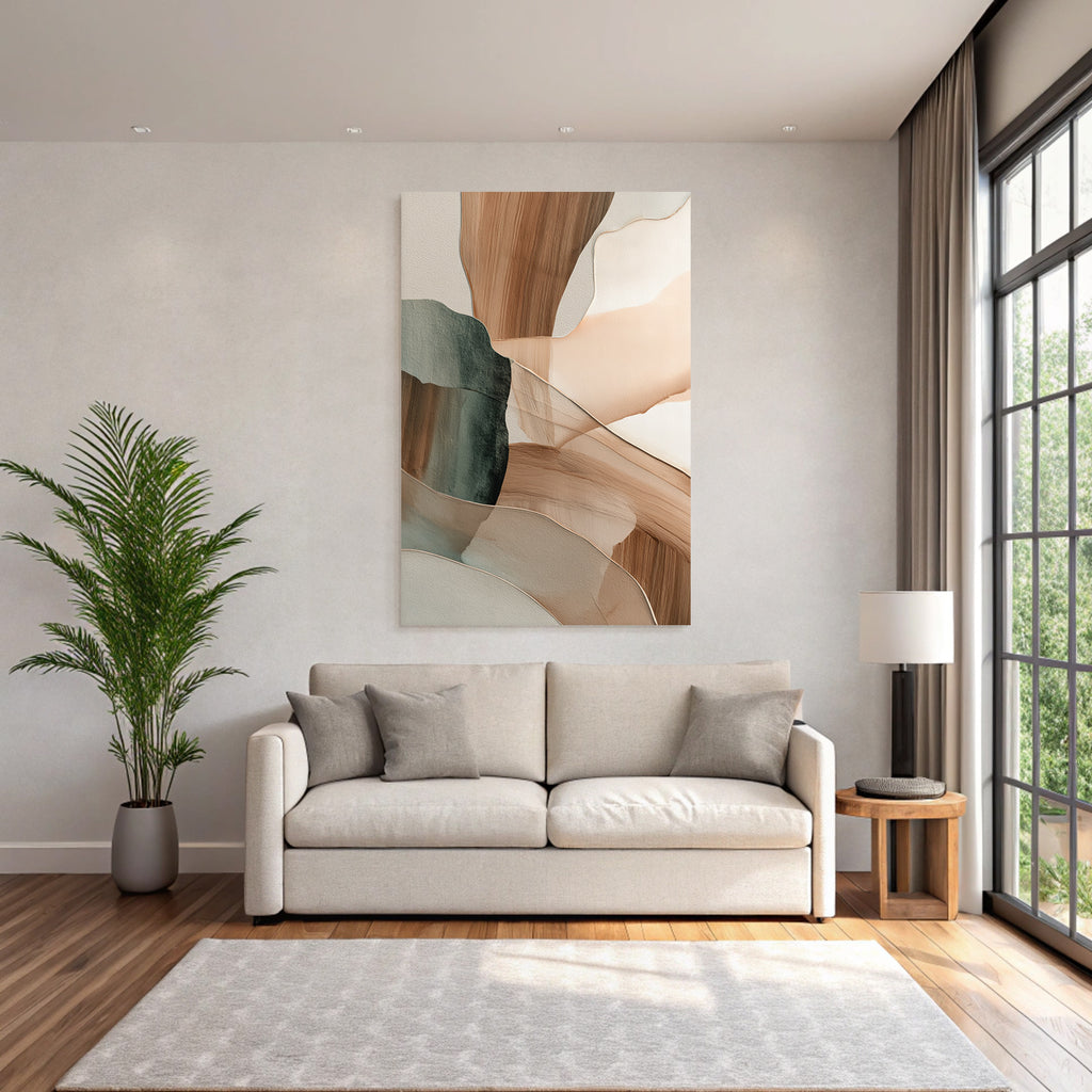 Abstract Artwork Soft Fluid Shapes Earthy Tones Beige Muted Greens