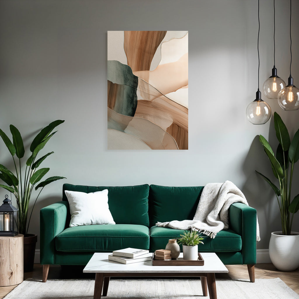 Abstract Artwork Soft Fluid Shapes Earthy Tones Beige Muted Greens
