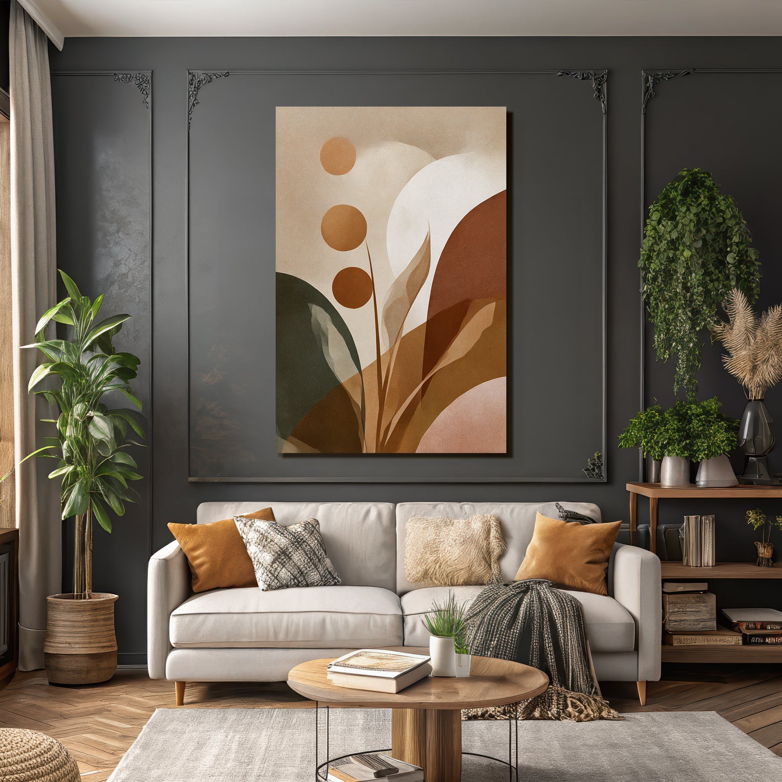Abstract Artwork Stylized Shapes Floral Motifs Warm Earthy Tones