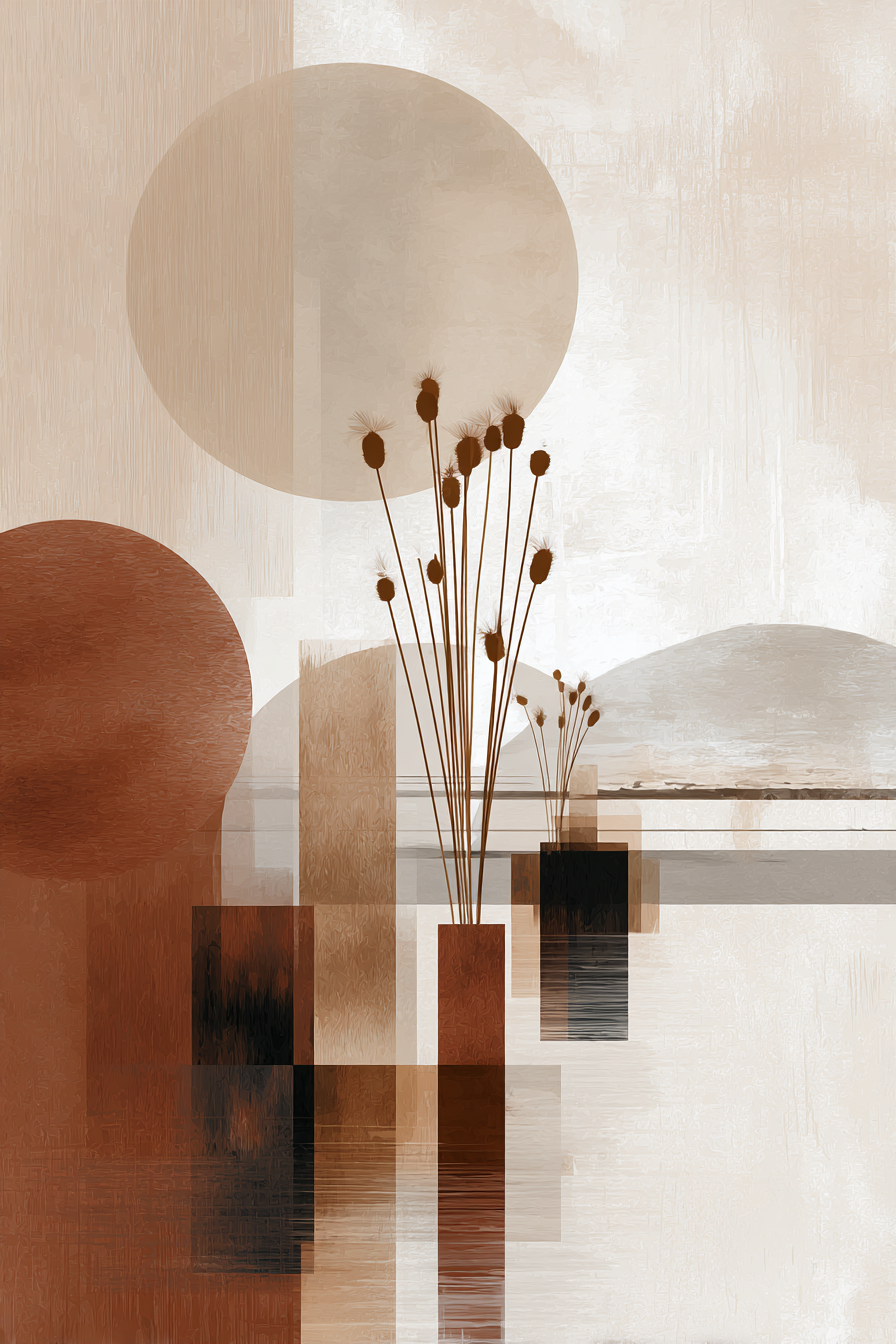 Abstract Geometric Artwork Neutral Tones Circles Rectangles Floral Elements | Japandi | Einrichtungsstile