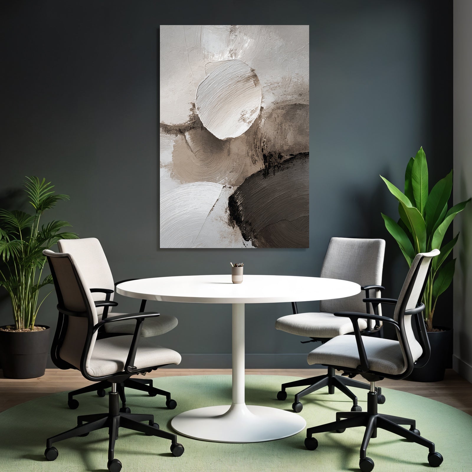 Abstract Painting Circular Shapes Soft Colors White Beige Gray Texture Layered Brushstroke Effect