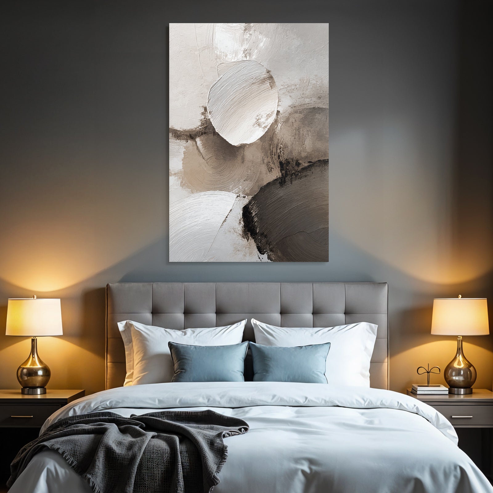 Abstract Painting Circular Shapes Soft Colors White Beige Gray Texture Layered Brushstroke Effect