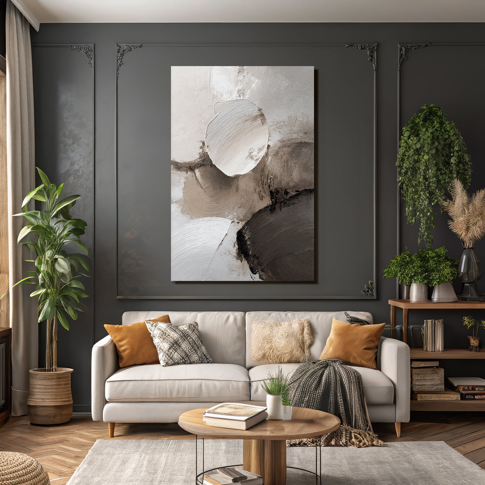 Abstract Painting Circular Shapes Soft Colors White Beige Gray Texture Layered Brushstroke Effect