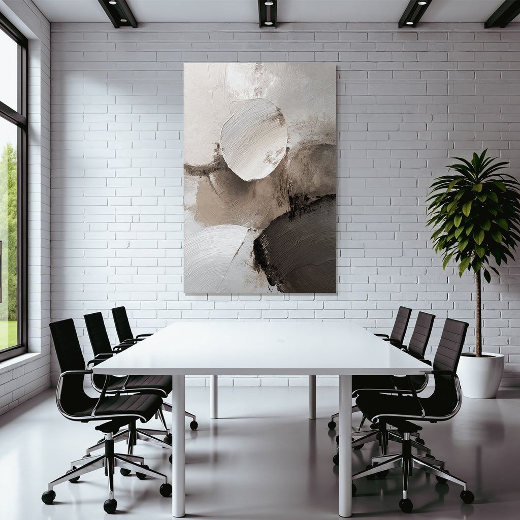 Abstract Painting Circular Shapes Soft Colors White Beige Gray Texture Layered Brushstroke Effect
