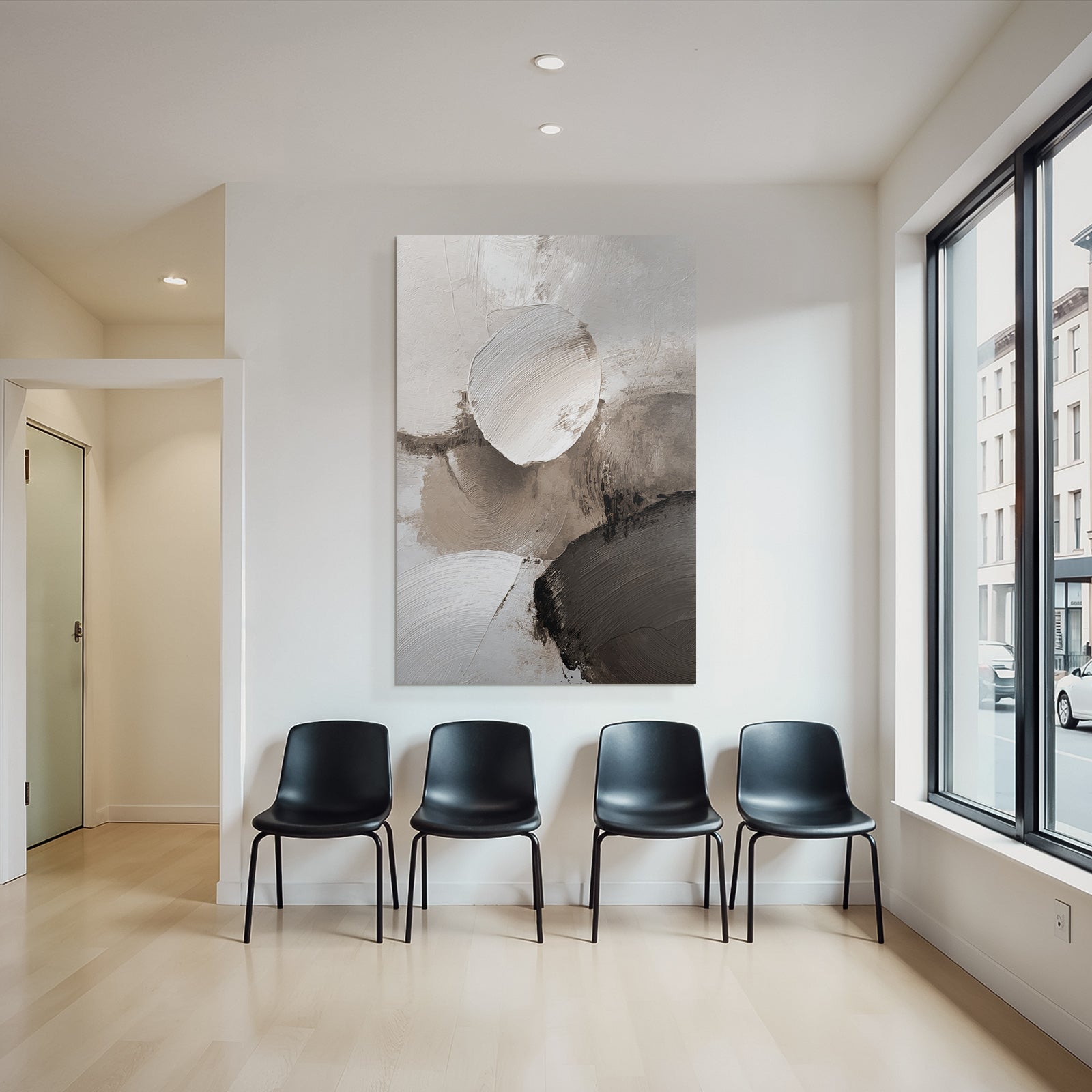 Abstract Painting Circular Shapes Soft Colors White Beige Gray Texture Layered Brushstroke Effect