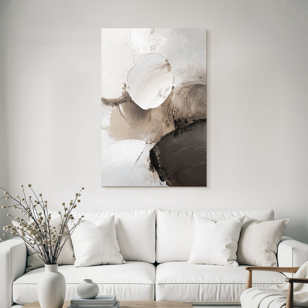 Abstract Painting Circular Shapes Soft Colors White Beige Gray Texture Layered Brushstroke Effect