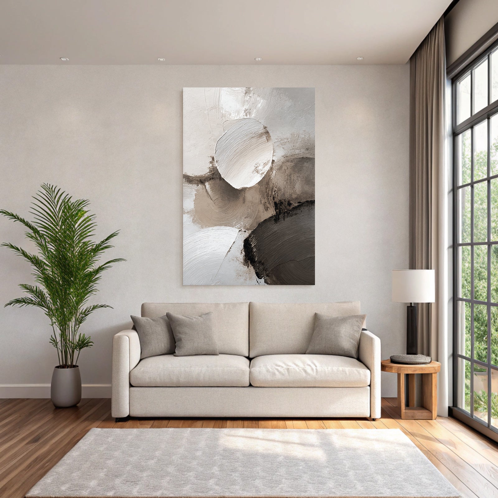 Abstract Painting Circular Shapes Soft Colors White Beige Gray Texture Layered Brushstroke Effect