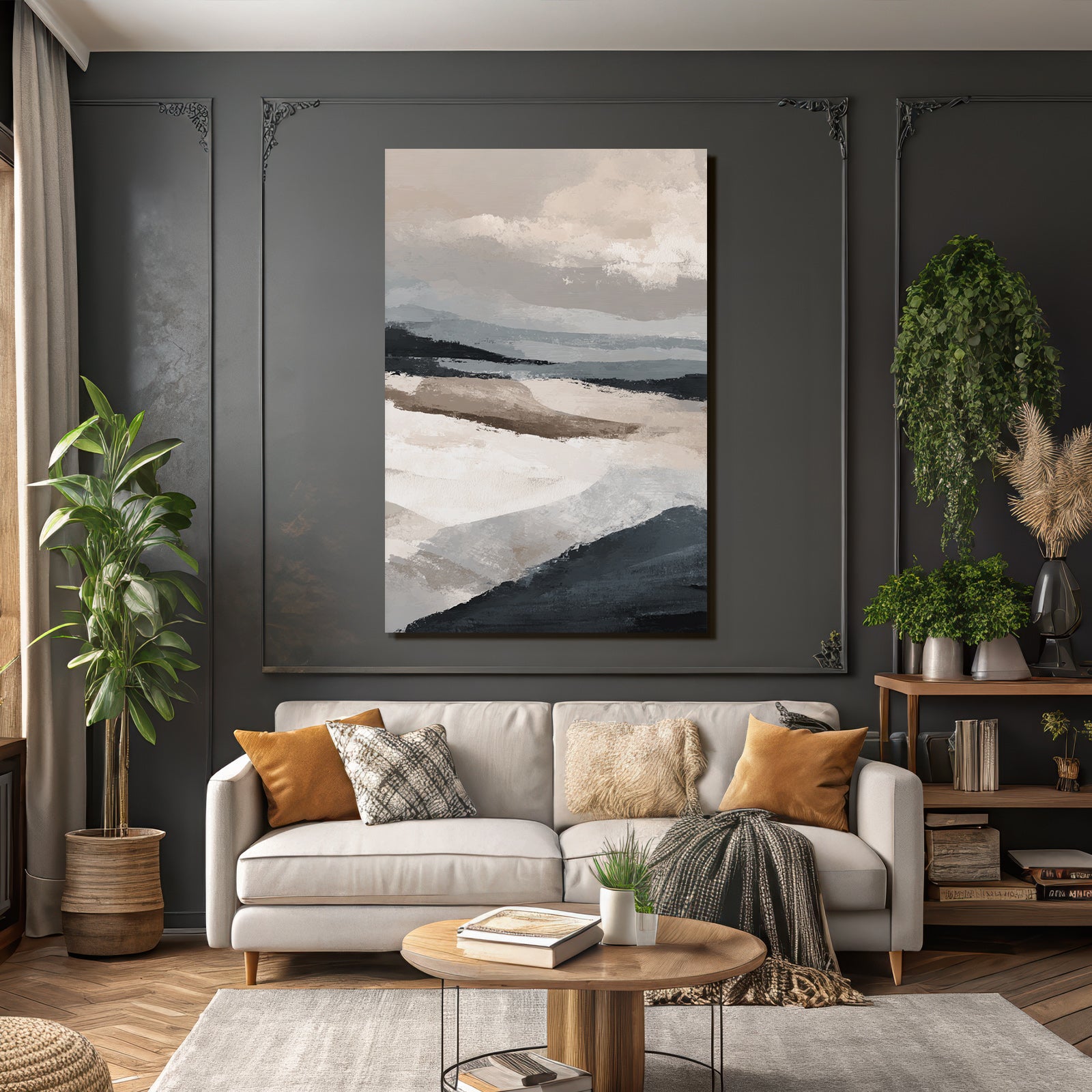 Abstrakte Darstellung Einer Landschaft In Beige Grau Und Blau