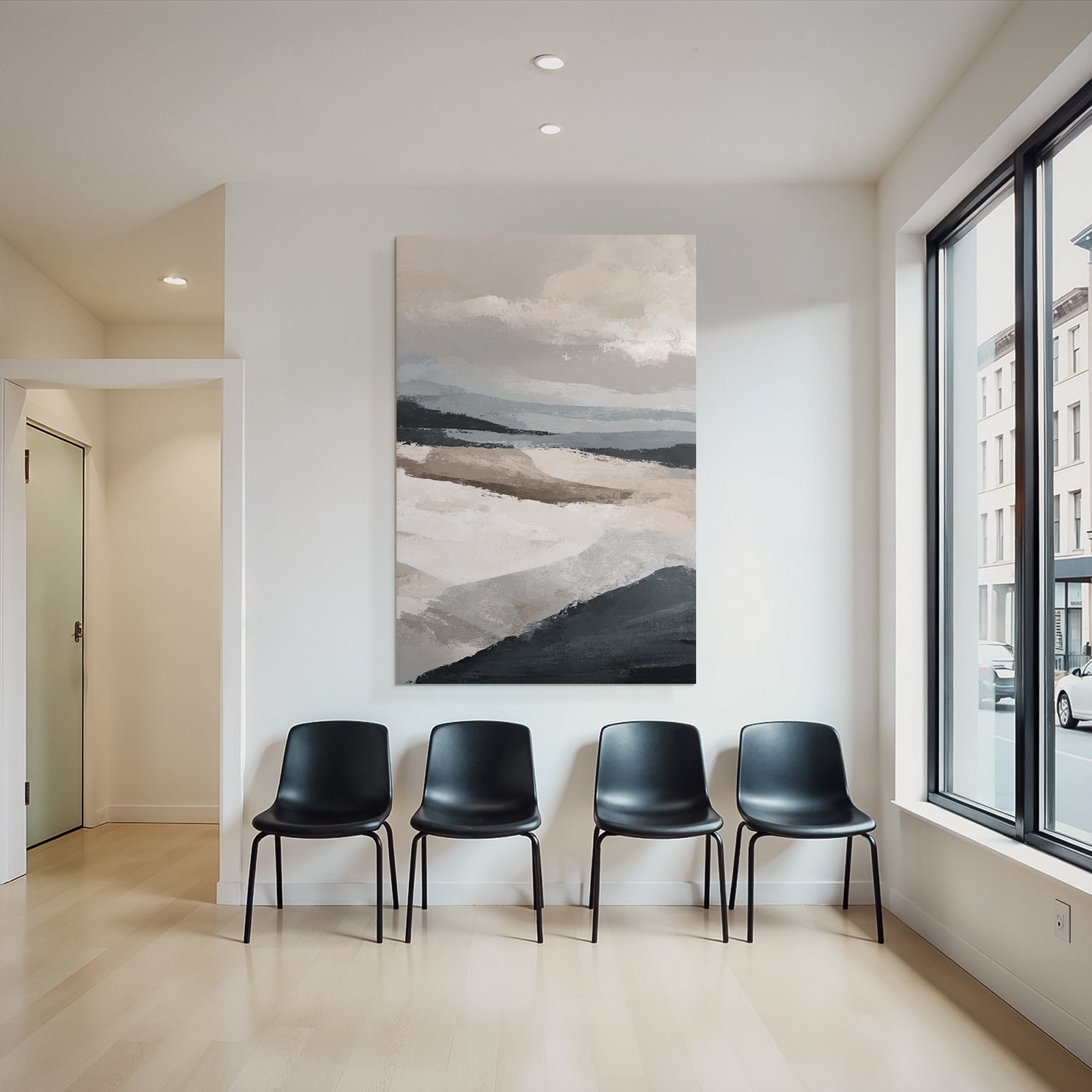 Abstrakte Darstellung Einer Landschaft In Beige Grau Und Blau