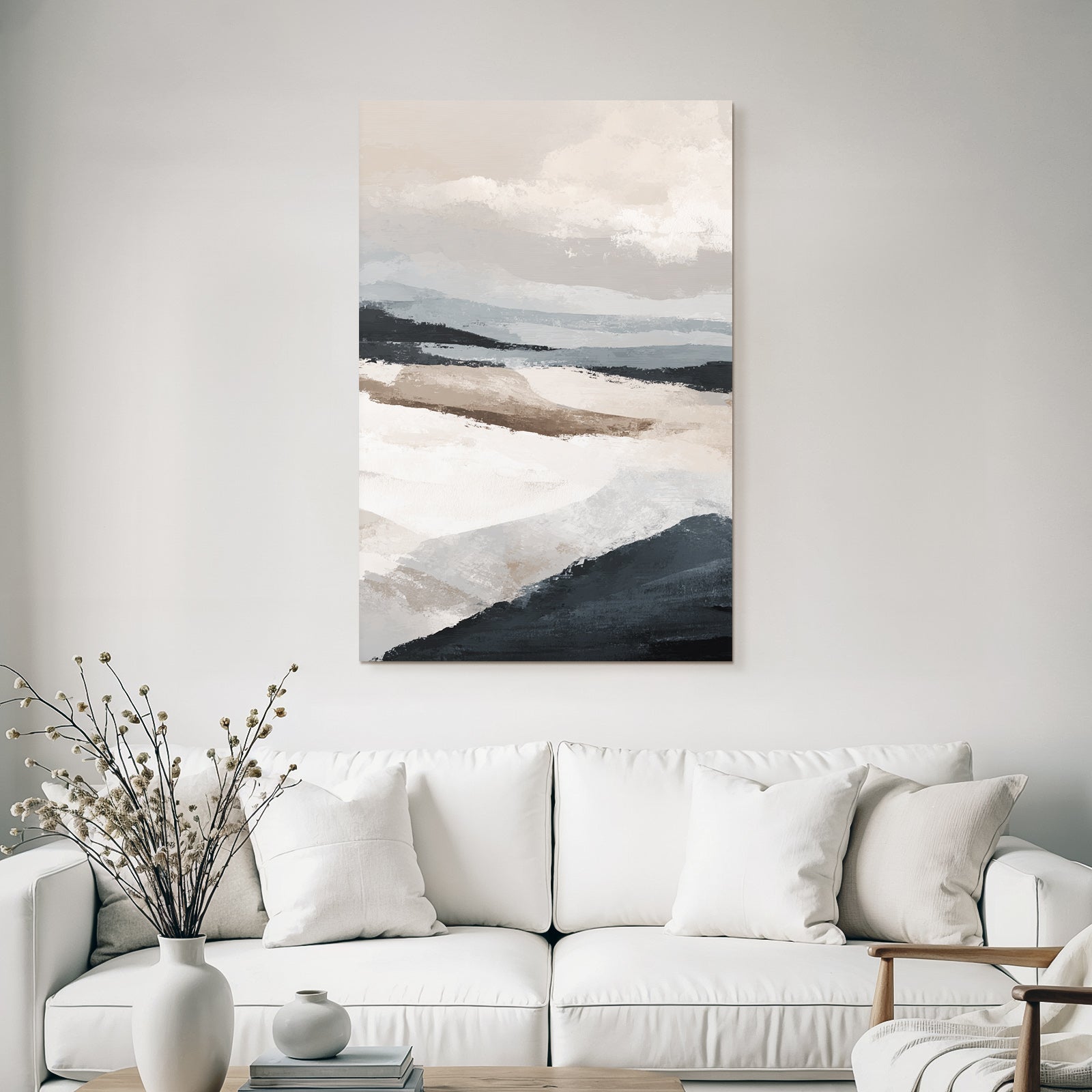 Abstrakte Darstellung Einer Landschaft In Beige Grau Und Blau