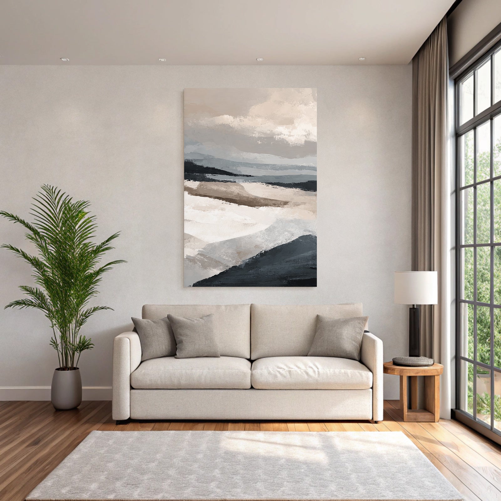Abstrakte Darstellung Einer Landschaft In Beige Grau Und Blau