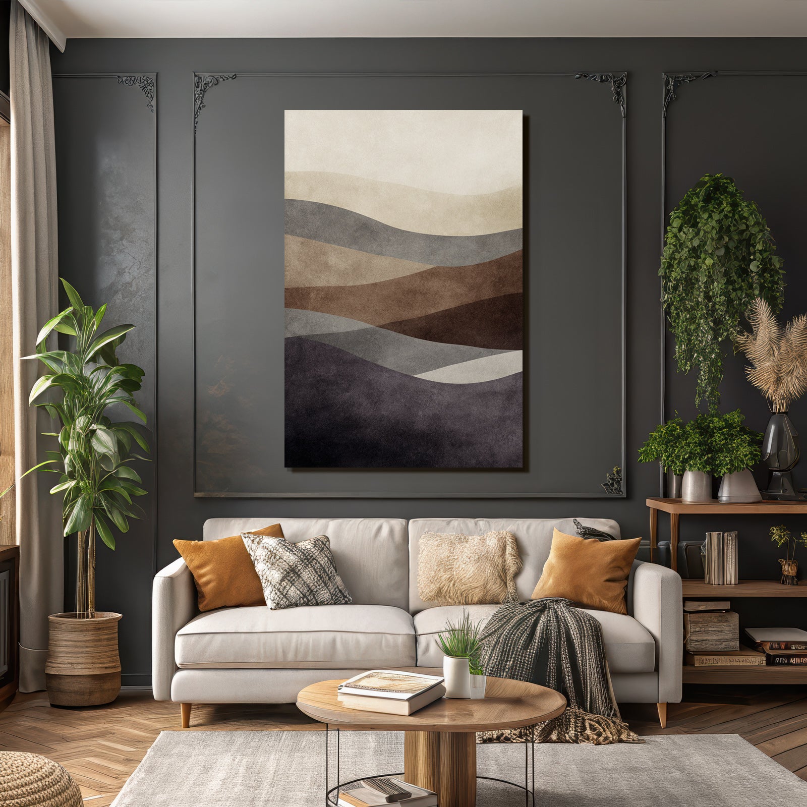 Abstrakte Darstellung Mit Wellenfoermigen Mustern In Beige Braun Grau