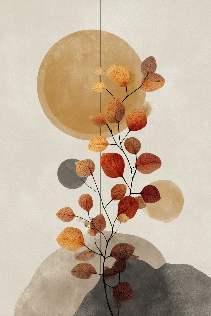 Abstrakte Illustration Pflanze Autumnblaetter Minimalistisch Hintergrund | Japandi | Einrichtungsstile