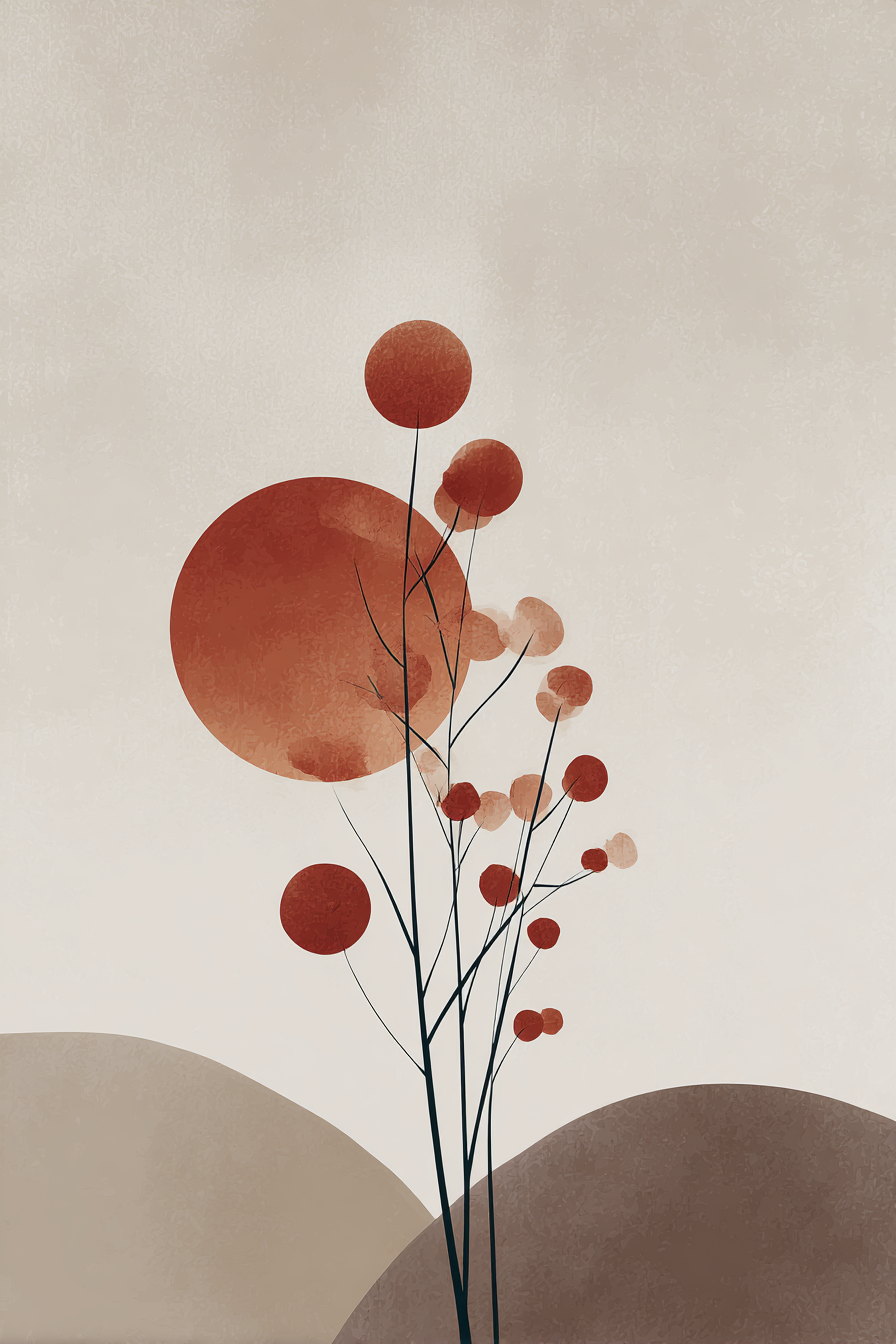 Abstrakte Illustration Pflanze Kreisartige Elemente Sanfte Farben | Japandi | Einrichtungsstile
