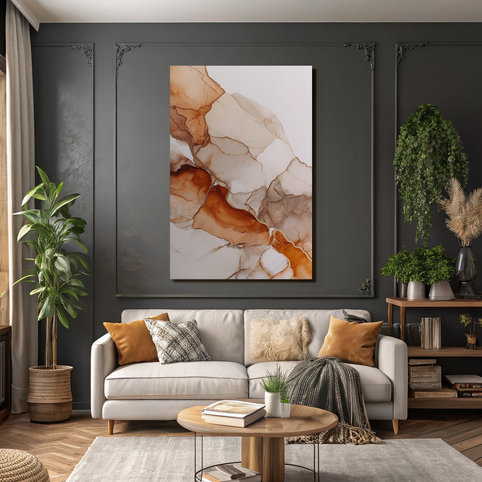 Abstrakte Kunst Fluessige Formen Erdtoaene Braun Beige Gold Akzente