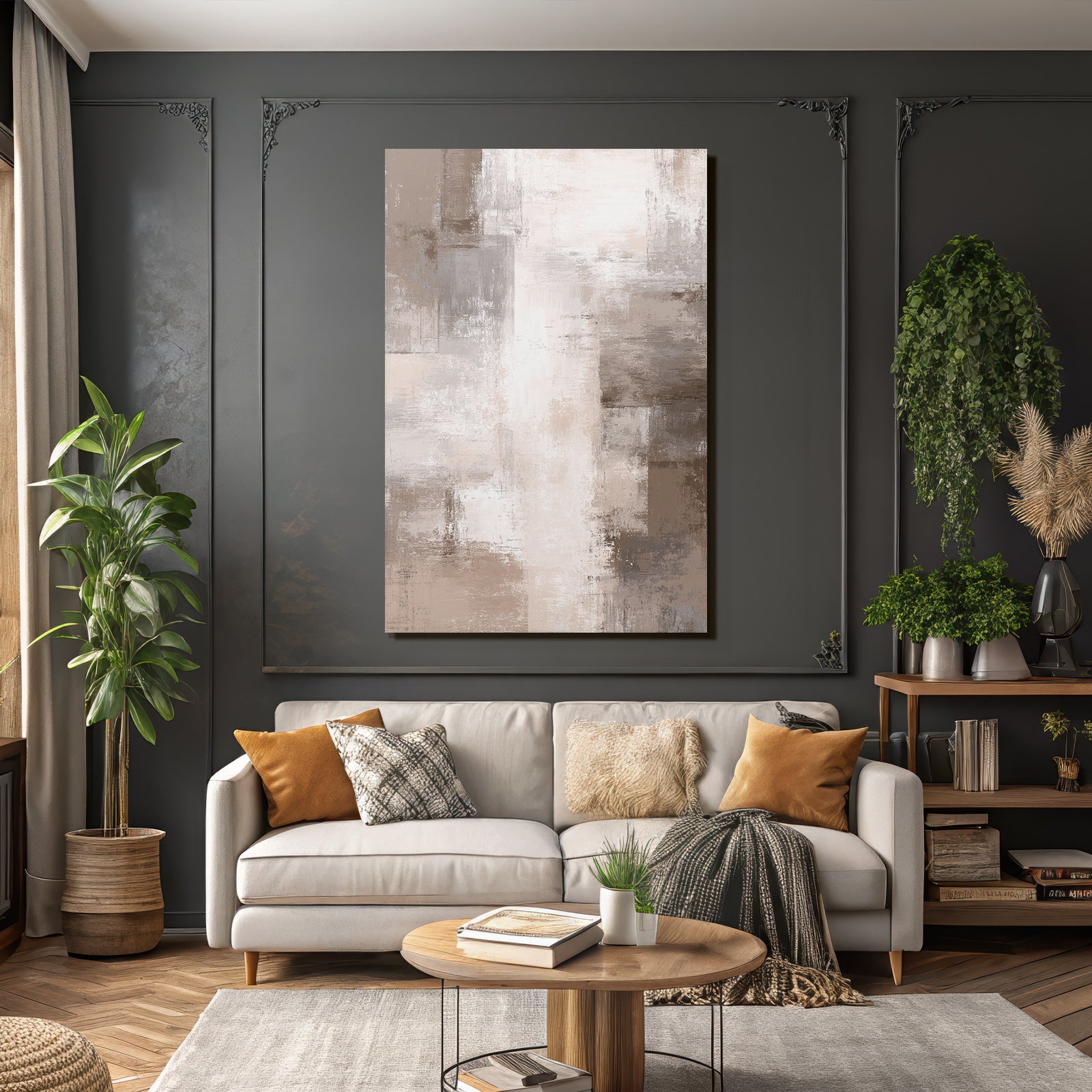 Abstract art in beige, grey and white textured
