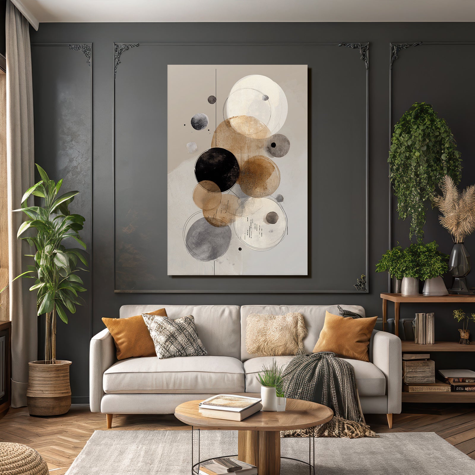 Abstrakte Kunst Kreise Beige Schwarz Grau Hintergrund