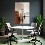 Abstract art with shapes and natural elements. Warm color palette.