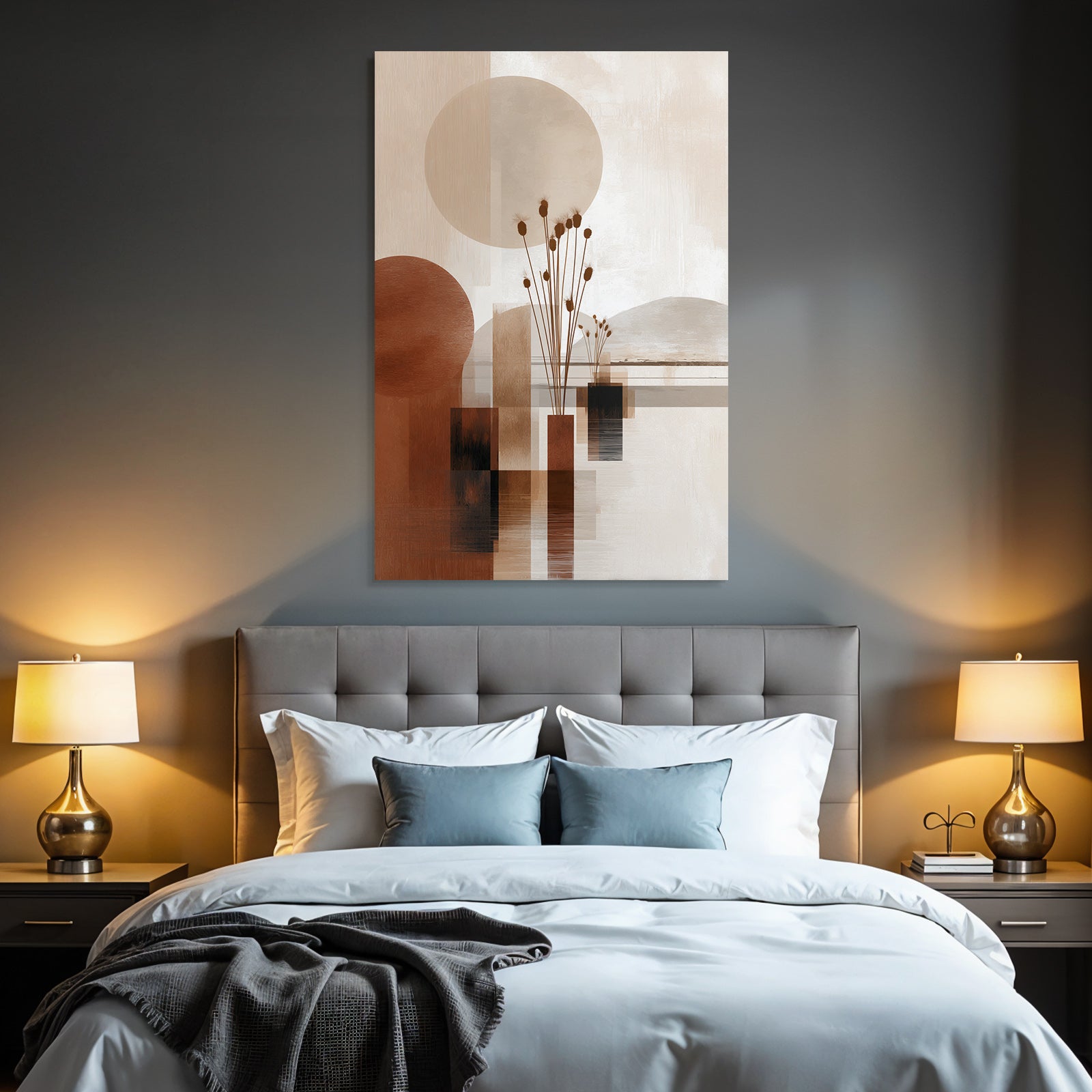 Abstract art with shapes and natural elements. Warm color palette.