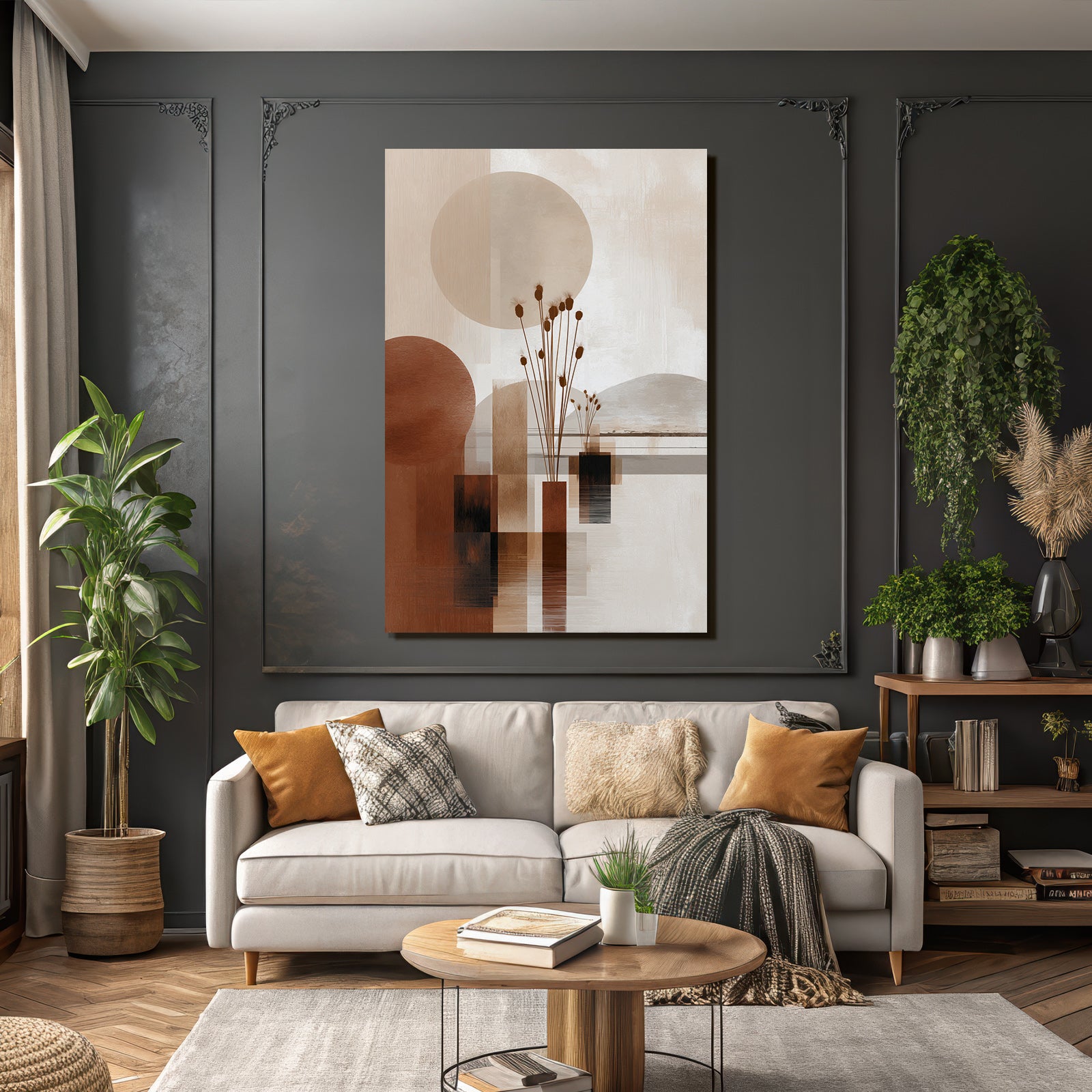 Abstract art with shapes and natural elements. Warm color palette.