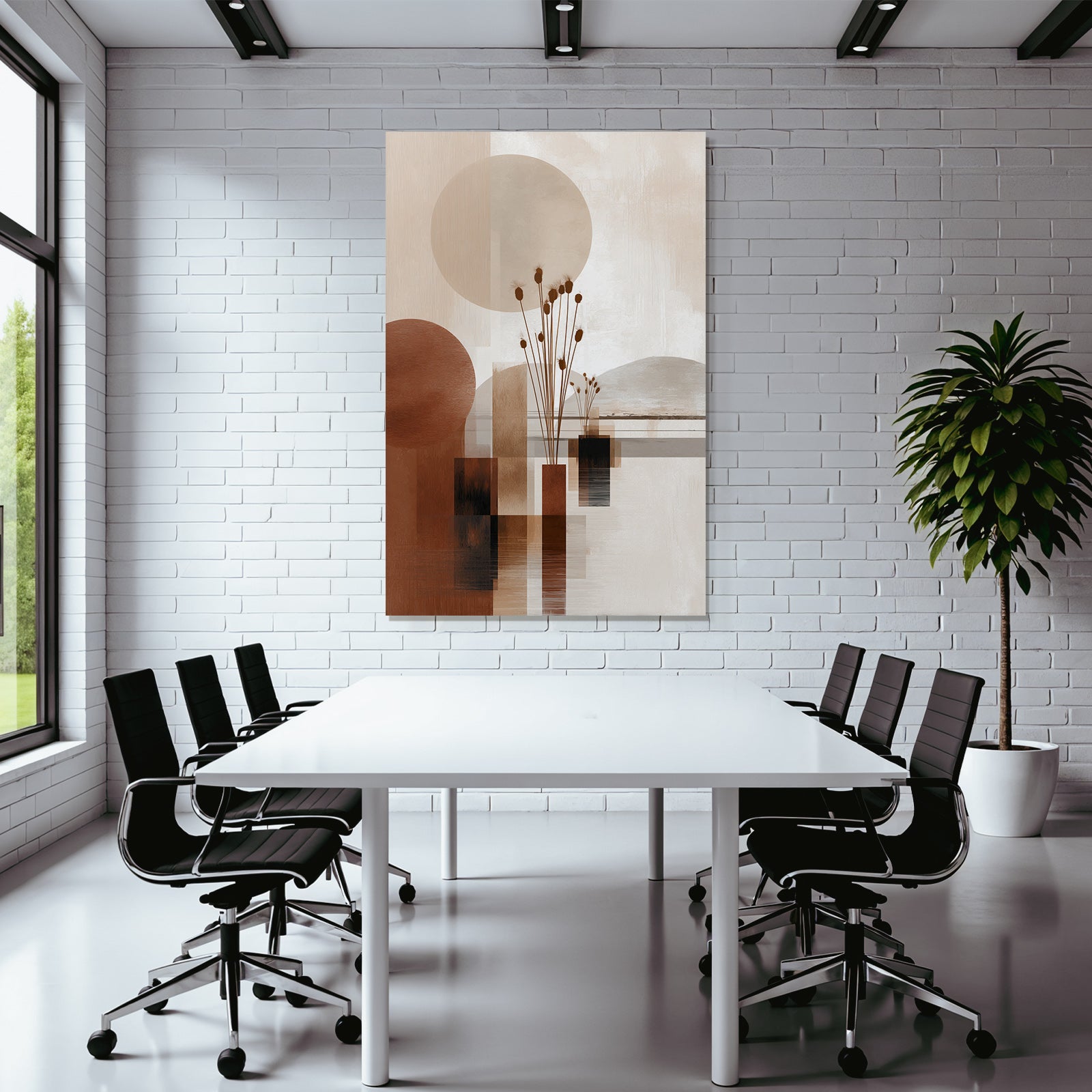 Abstract art with shapes and natural elements. Warm color palette.
