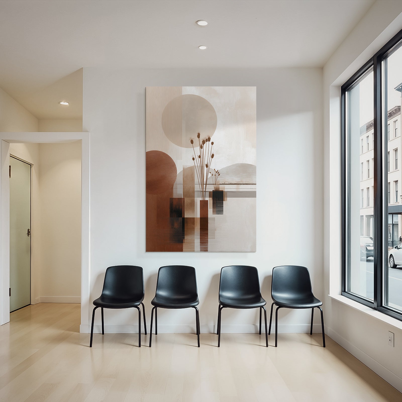 Abstract art with shapes and natural elements. Warm color palette.