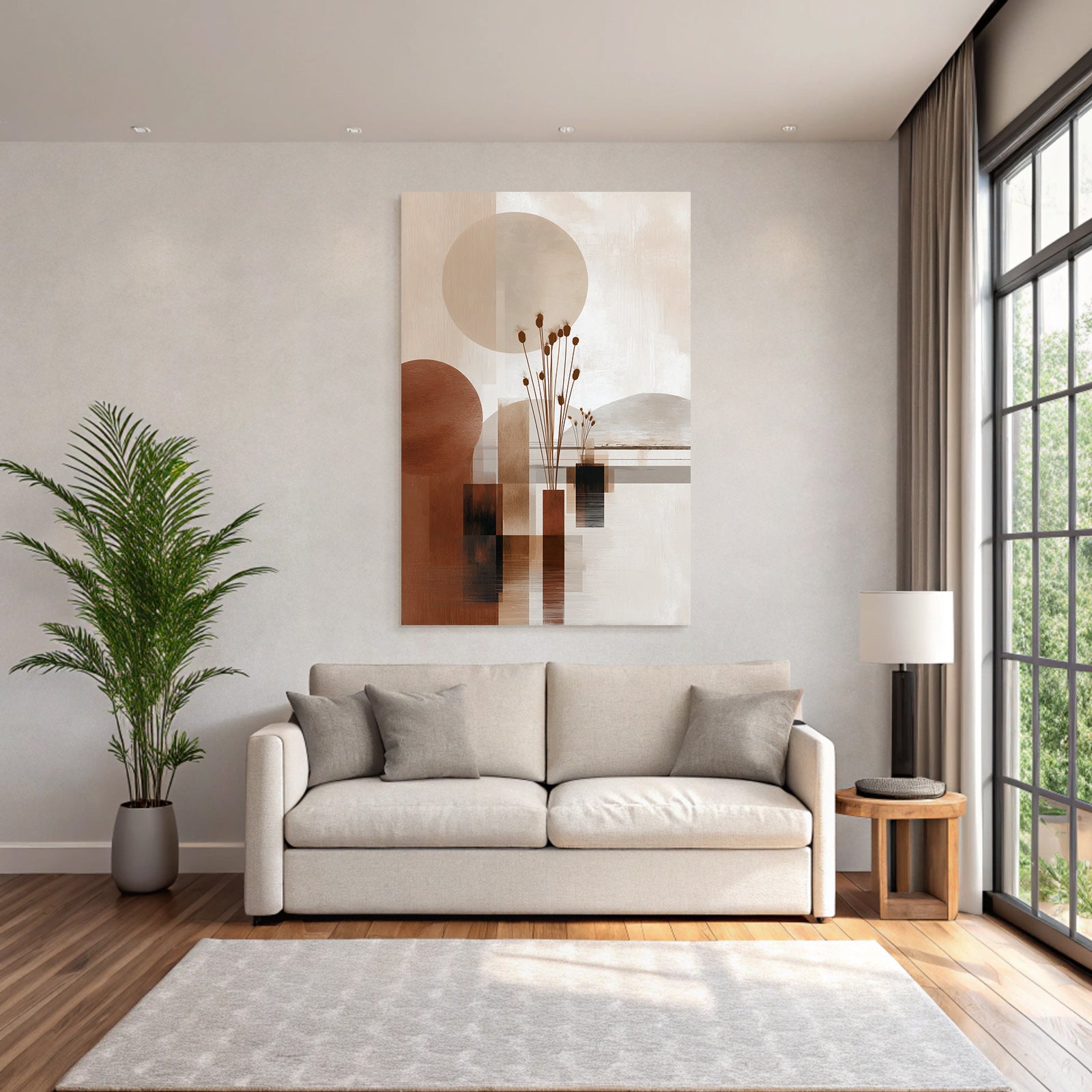 Abstract art with shapes and natural elements. Warm color palette.