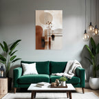 Abstract art with shapes and natural elements. Warm color palette.