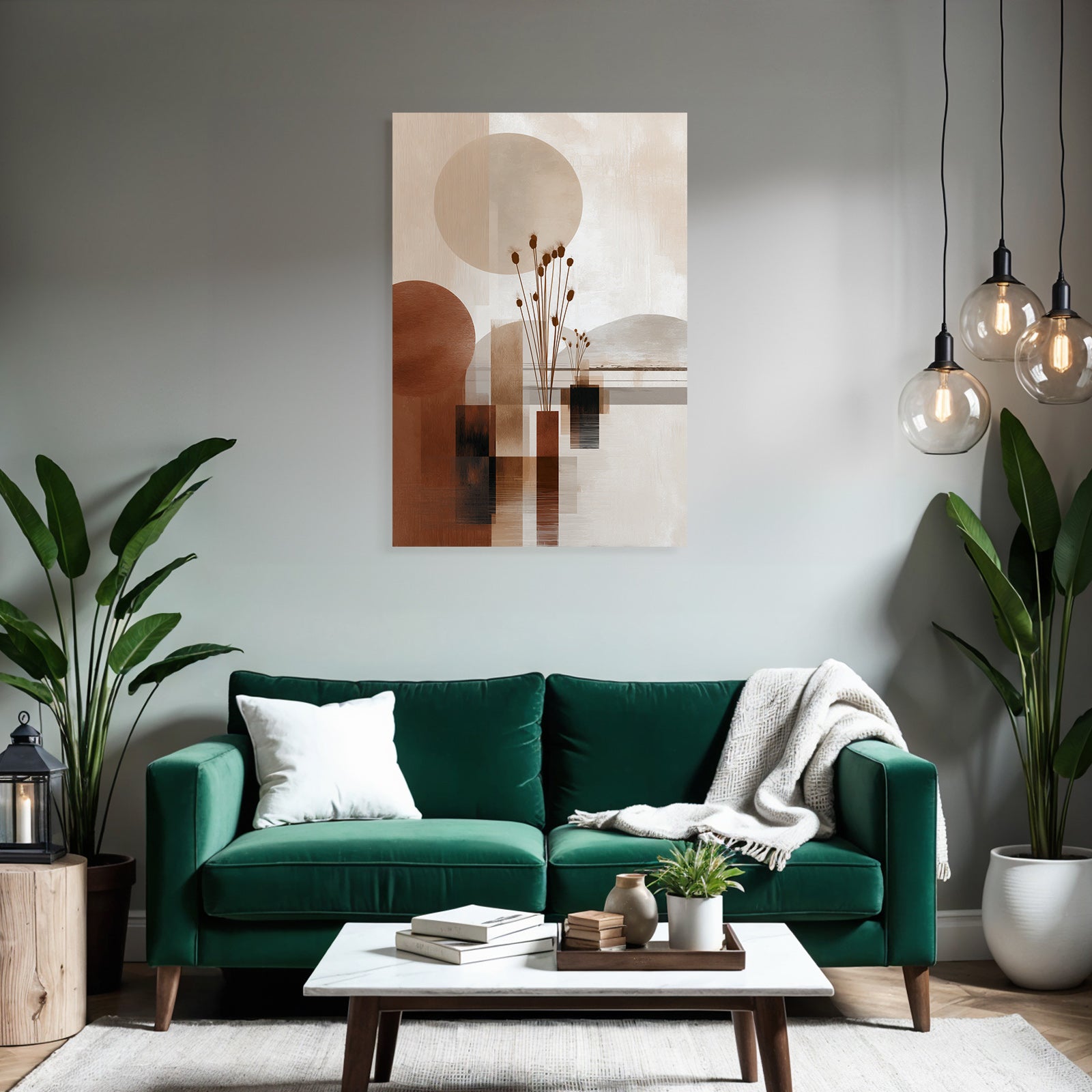 Abstract art with shapes and natural elements. Warm color palette.