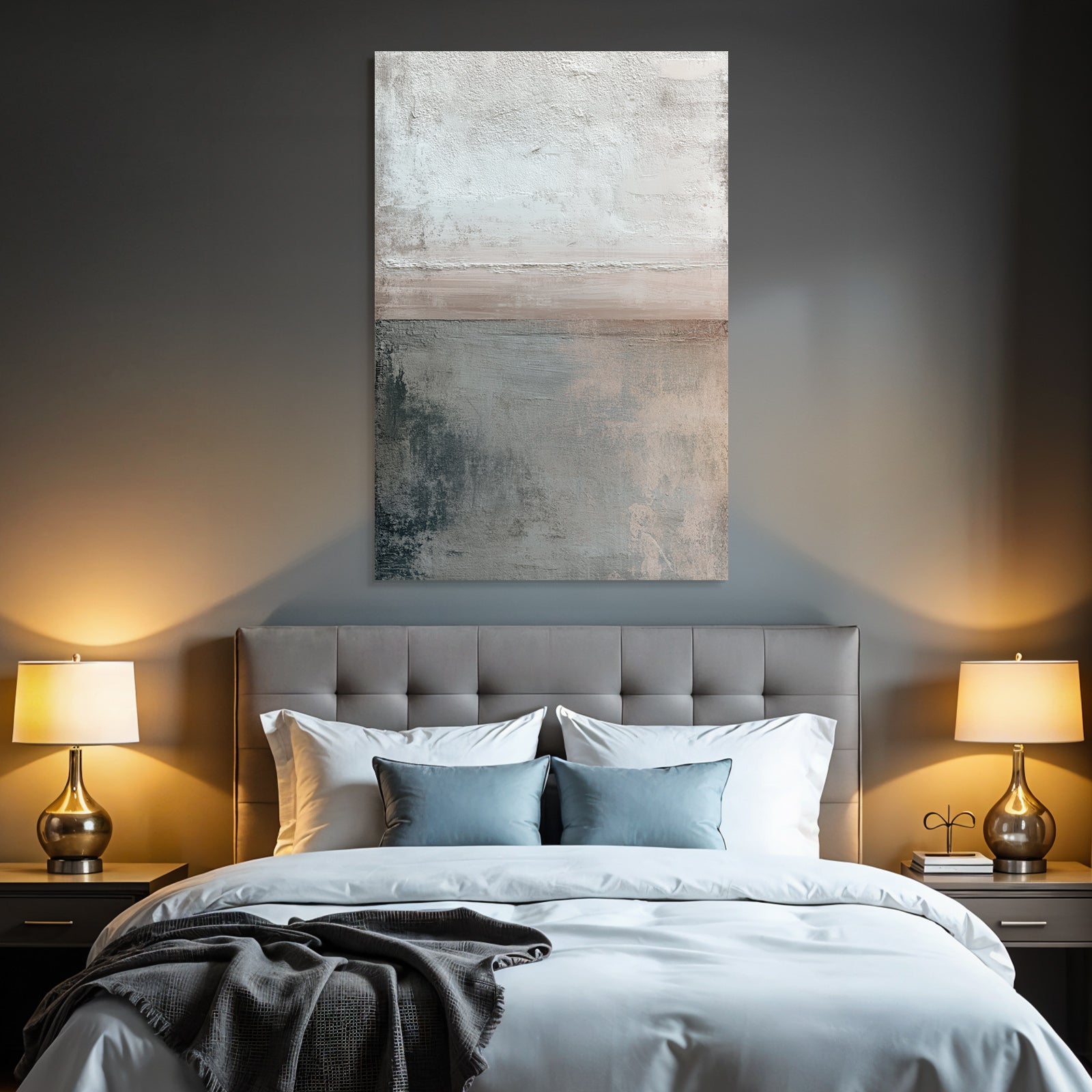 Abstract art with textures in white, gray, and beige